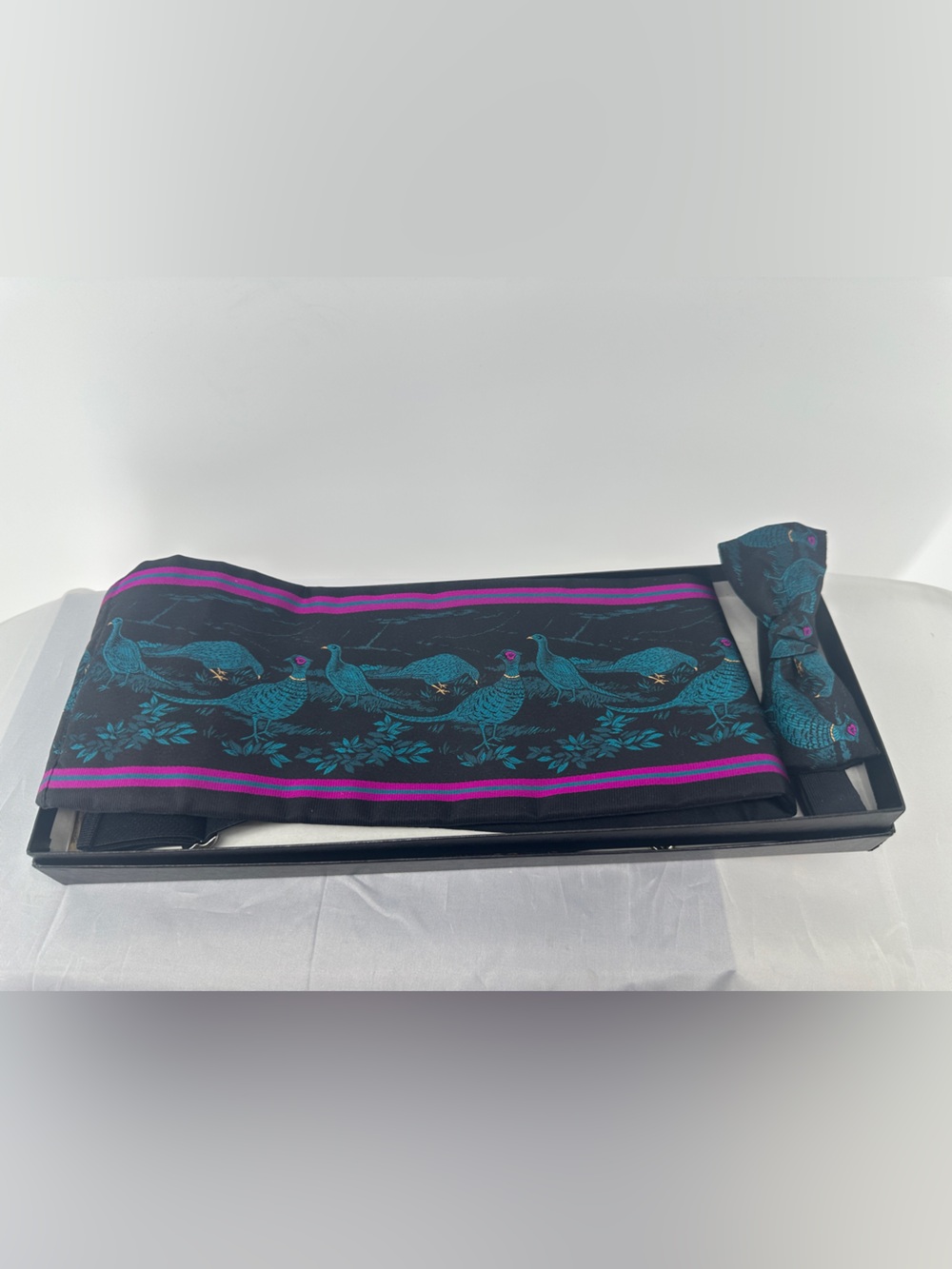 Vintage black pink and blue bird cummerbund and bow tie set